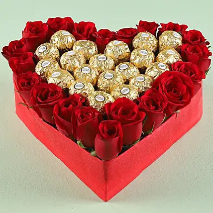 Heart shape red roses with Ferrero Rocher chocolates romantic flower box gift