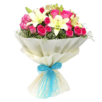 Pink roses and white lilies bouquet premium elegant mixed flower bouquet
