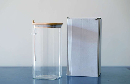 Borosil Jar Sq Big + Wood Lid and Spoon