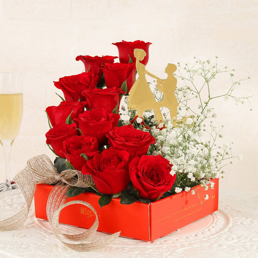 Red roses proposal box with baby’s breath and romantic topper for flower