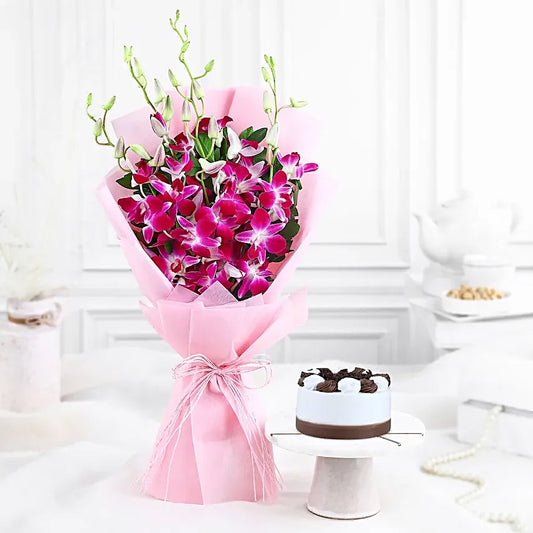 Purple orchid bouquet with designer cake for birthday anniversary and premium gift