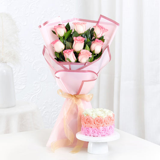 Pink roses bouquet with mini floral cake for same day gift delivery India