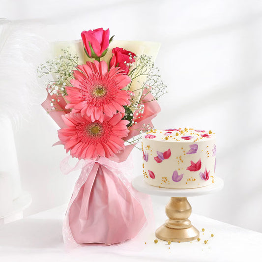 Pink gerbera and rose bouquet with floral designer cake for same day gift delivery India