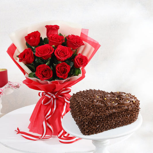 Red roses bouquet with chocolate cake combo for birthday anniversary and romantic gift