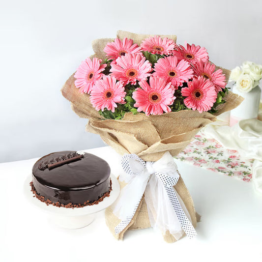 Pink gerbera bouquet with chocolate truffle cake for birthday and anniversary gift